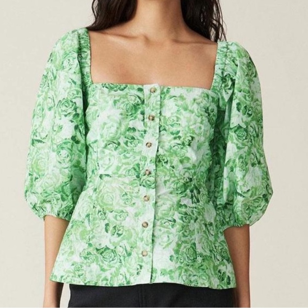 Ganni Green Floral Puff Sleeve Poplin Top